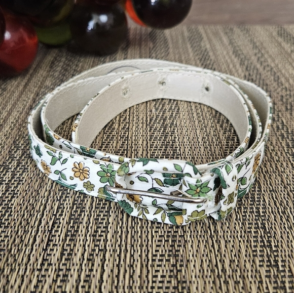 Vintage Belt Floral Skinny 1960s 60s New Old Stock Green Gold Cream MCM S M - Picture 3 of 8